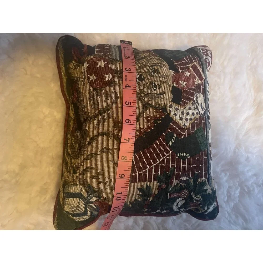Needlepoint Christmas Accent Pillow Dog in front of Fireplace 12 Inch